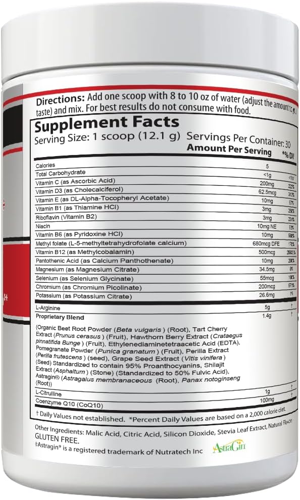 Cardio 911® Nitric Oxide Heart & Circulation Support - 5000mg L-Arginine & 1000mg L-Citrulline - Mixed Berry, 30 Servings Powder, 363 Grams - CoQ10 Beet Root - High Potency Cardiovascular Formula
