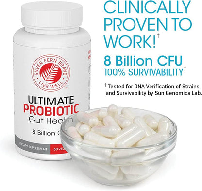 Silver Fern Brand Ultimate Probiotic - Probiotics for Women & Men | 8 Billion CFU Spore-Forming Gut Health Supplement - DNA Verified, Vegan, Shelf-Stable, High Survivability - 60 Capsules