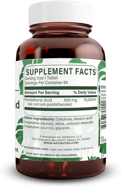 Natural Nutra Time Release Pantothenic Acid 500 mg, Vitamin B5 Supplement Helps Break Down Fat and Carbohydrates, Metabolism and Energy, Improve Muscle Health, Reduce Skin Spots, 60 Vegetarian Tablets