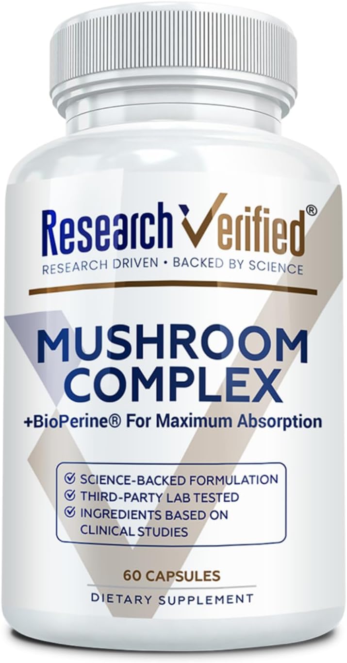 Research Verified Mushroom Complex - Support Immunity, Boost Antioxidants, Improve Cognitive Function - 10 Mushrooms Including Reishi, Maitake, and Shiitake - 60 Capsules - Vegan