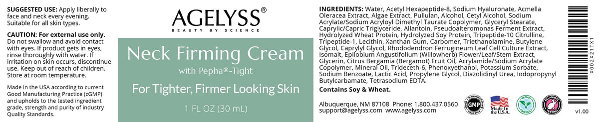 Agelyss Neck Firming Cream - With Pepha-Tight and Gatuline Expression - Paraben-Free, Cruelty-Free, Vegan - 1 FL OZ - Pack of 1