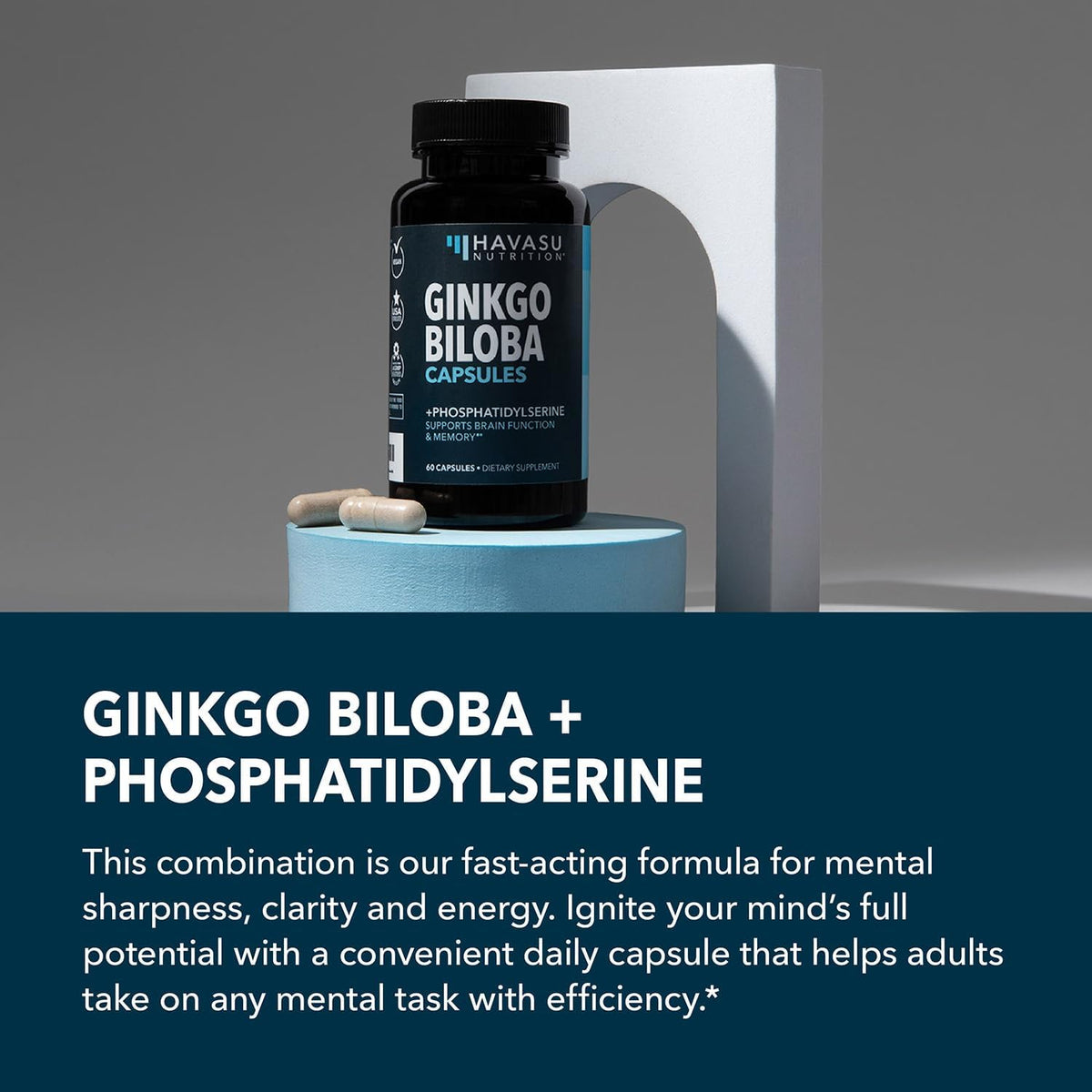 Ginkgo Biloba 120mg with Phosphatidylserine, Nootropic Supplement, 60 Count | Nootropic Brain Health, Memory and Focus Supplement, Supports Cognitive Function & Mental Clarity, 2-Month Supply