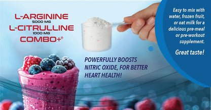 L-Arginine 5000mg & L-Citrulline 1000mg Combo+® - Mixed Berry, 30 Servings, 390g Nitric Oxide Booster Drink Mix Powder - CoQ10 & Organic Beet Root - High Potency Heart & Circulation Support USA