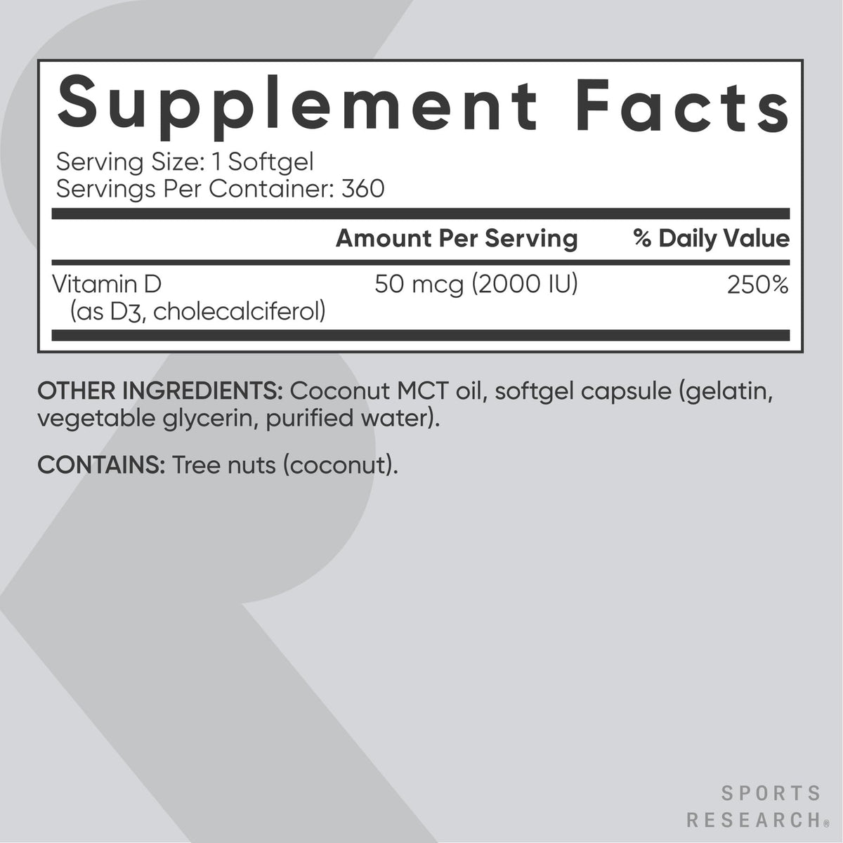 Sports Research Vitamin D3 5000 IU with Coconut MCT Oil - High Potency Vitamin D Supplement for Immune & Bone Support - Non-GMO Verified, Gluten & Soy Free – 125mcg, 360 Liquid Softgels
