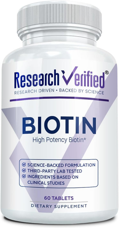 Research Verified Biotin – Pure Extra Strength Biotin 10000mcg – Hair Skin and Nails Vitamin – Third-Party Tested, Made in USA – 60 Vegan Tablets