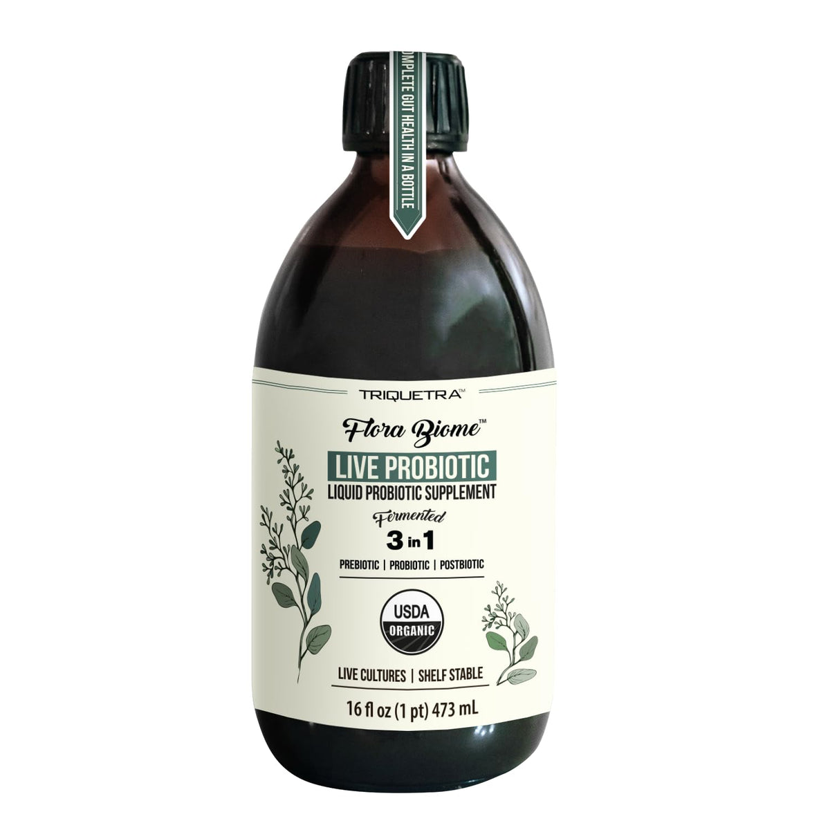 Flora Biome - Live Probiotic, Prebiotic, & Postbiotic – Organic Live-Culture – 10 Probiotic Strains, 18 Fermented Herbs - Complete Gut Health & Microbiome Optimizer (16 oz)