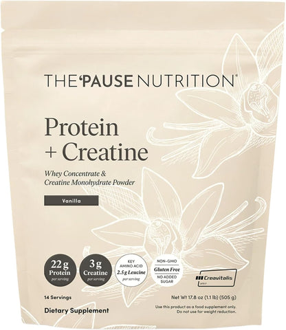 The 'Pause Life Protein + Creatine + BCAAs, Vanilla, Whey Protein, 17.8 oz | Creavitalis creatine monohydrate + whey protein + BCAAs for men & women. Gluten free, low sugar, non-GMO. 14 servings.