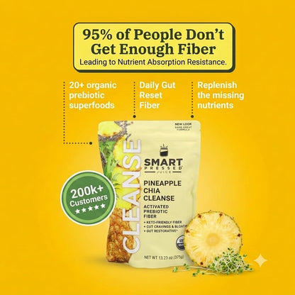 SMART Pressed Juice Pineapple Chia Cleanse | Prebiotic Superfood Plant Based Fiber with Vegan Probiotics & Enzymes | Pineapple Juice Cleanse for Women & Men | 30 Servings