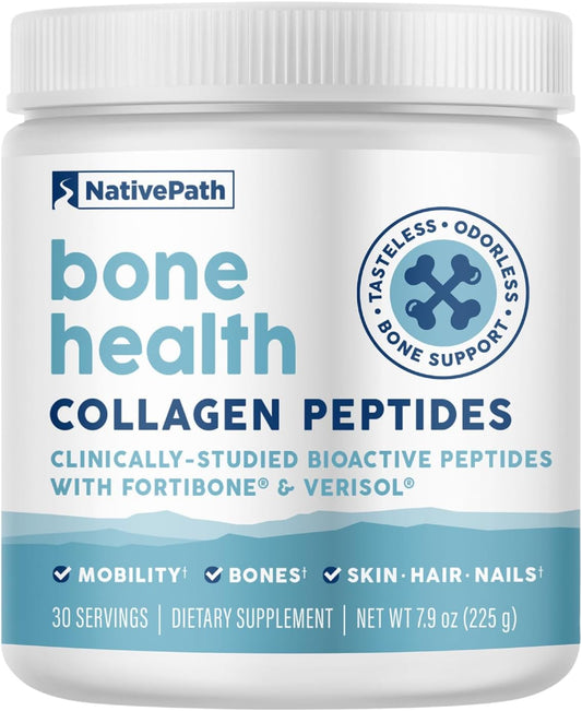 NativePath Bone Health Collagen Peptides, Type 1 & 3, with Fortibone and Verisol, 7.9 Ounce, 30 Servings | Verisol Bioactive Peptides, Supports Density, Strength, Elasticity, Hair & Skin, Unflavored, Type 1 & 3