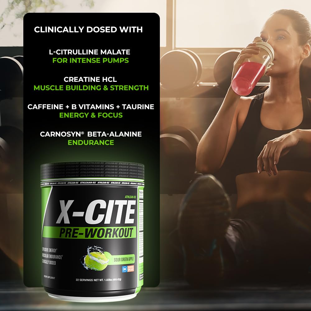 X-CITE Pre-Workout by ATHLEAN-X - Enhanced Formula with Beta-Alanine, Creatine & Caffeine for Ultimate Energy, Endurance, Focus & Muscle Pump, NSF Certified for Sports (Cherry Lemon Ice)