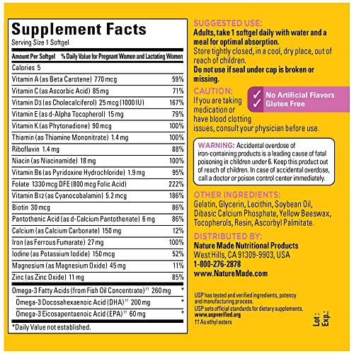 Nature Made Prenatal with Folic Acid + DHA, Prenatal Vitamin and Mineral Supplement