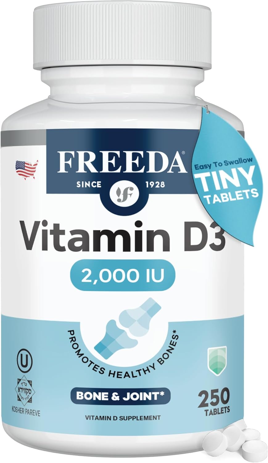 FREEDA Pure Vitamin D3 2000 IU Supplement – 250 Tiny Tablets | Moderate Strength Vitamin D3 Supplement - 50 mcg (2,000 IU) Supporting Bone, Joint, Muscle, and Immune Health for Women & Men