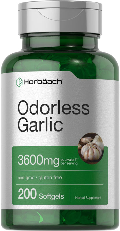 Horbäach Odorless Garlic Softgel Supplement | 200 Count | Ultra Potent Concentrated Herbal Extract | Non-GMO & Gluten Free