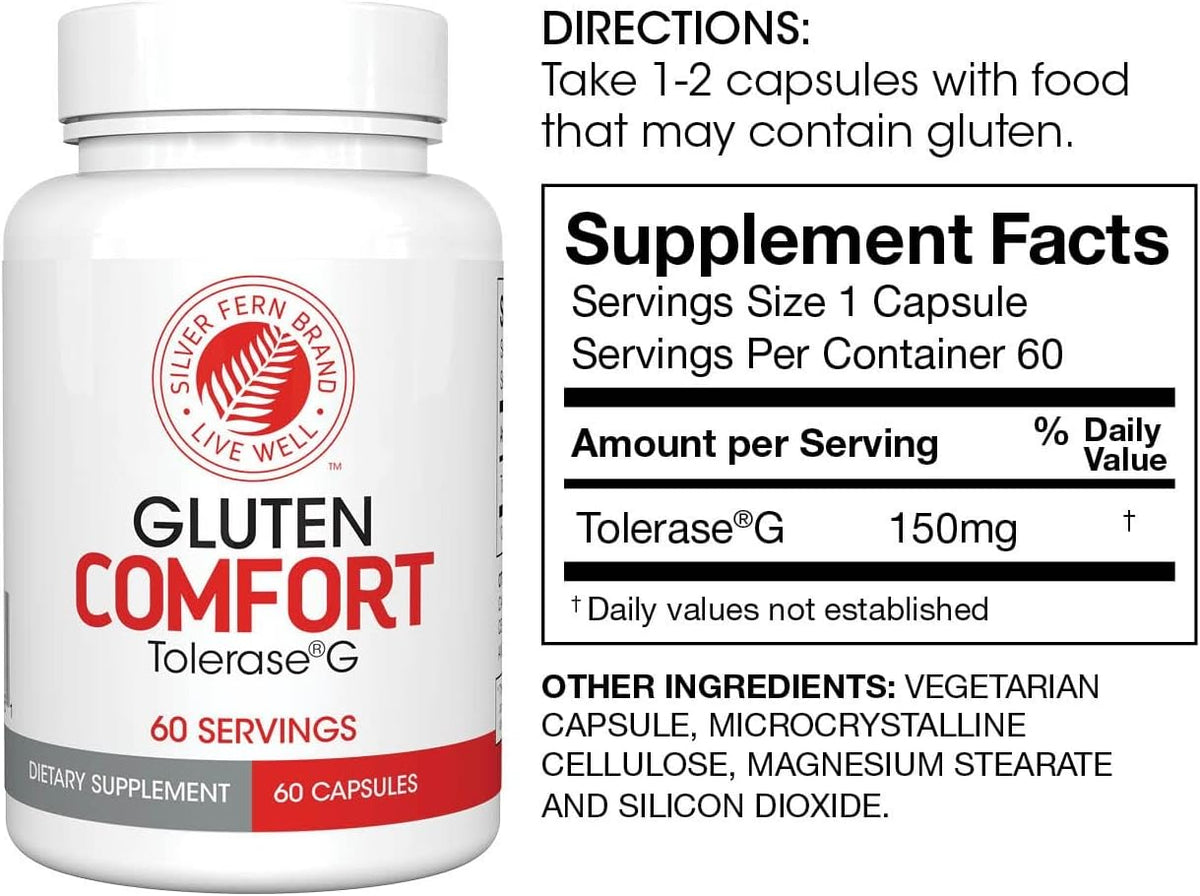 Silver Fern Gluten Comfort with Tolerase G - 1 Bottle - 60 Capsules | Digestive Enzyme Made Specifically to Break Down and Digest Gluten Protein