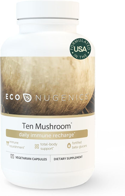 EcoNugenics Ten Mushroom Supplement: Daily Immune Support, 120 Capsules – Lion’s Mane, Reishi, Cordyceps, Turkey Tail – Energy, Gut Health, Liver, Kidney, Cholesterol & Nootropic Brain Support