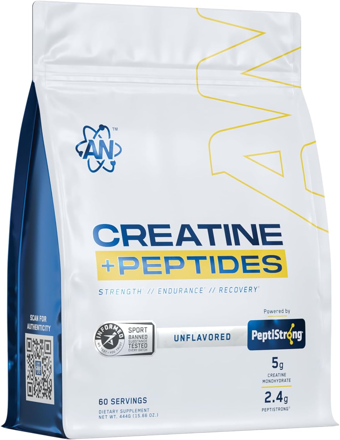 an Performance Creatine Monohydrate + Peptide | Micronized Powder | 5g Creatine, 2.4g PeptiStrong | Vegan, Gluten-Free, Non-GMO | Workout Supplement for Men & Women | Unflavored | 60 Servings