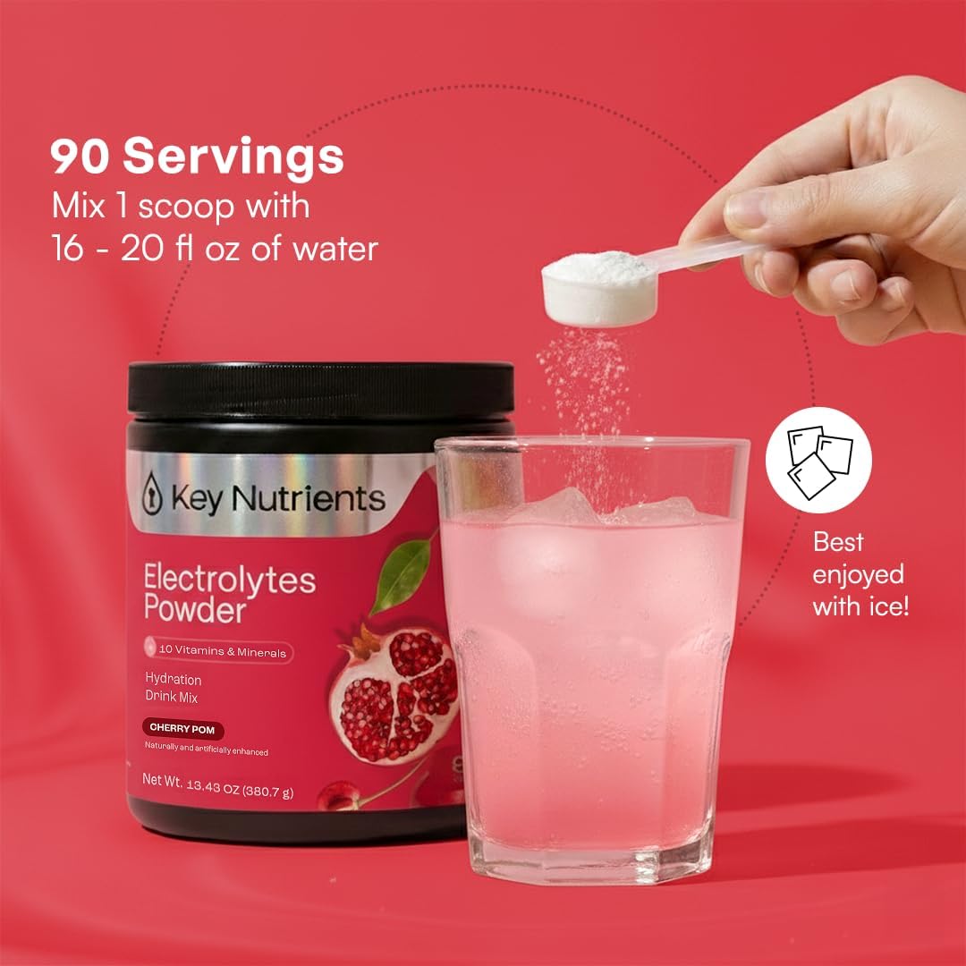 KEY NUTRIENTS Electrolytes Powder Bundle, Sweet Cherry Pom 90 Servings Jar + Juicy Watermelon 90 Servings Jar, Sugar Free Hydration Drink Mix with Vitamins & Minerals, No Calories