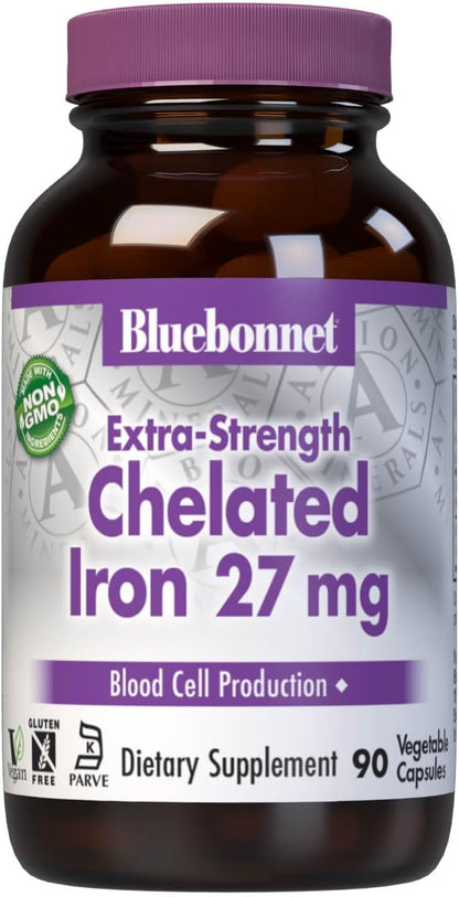 Bluebonnet Nutrition Albion Extra-Strength Chelated Iron 27 mg, For Healthy Red Blood Cell production*, Soy-Free, Gluten-Free, Non-GMO, Kosher, Dairy-Free, Vegan, 90 Vegetable Capsule, 90 Serving