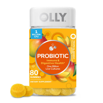 OLLY Probiotic Gummy, 1 Billion CFUs, Immune and Digestive Support, Chewable Probiotic Supplement, Mango, 80 Count