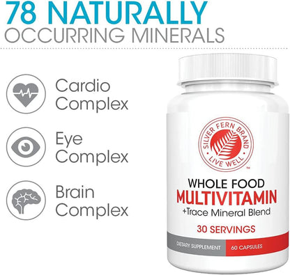 Silver Fern Whole Food Daily Multi Vitamin w/Trace Mineral Blend Supplement | 1 Bottle - 60 Vegicaps - 30 Day Supply - Natural, Non-GMO, Vegan, Men's & Women's Multivitamin - Zero Synthetics