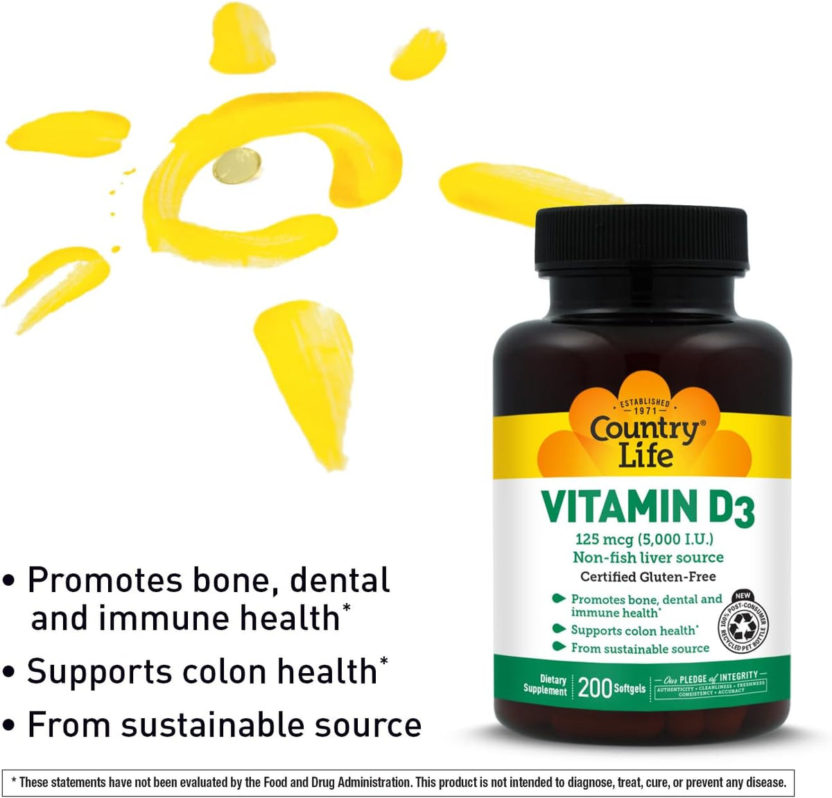 Country Life Vitamin D3 125 mcg 5000 IU, Gluten-Free, 200 Softgels