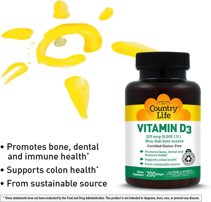 Country Life Vitamin D3 125 mcg 5000 IU, Gluten-Free, 200 Softgels