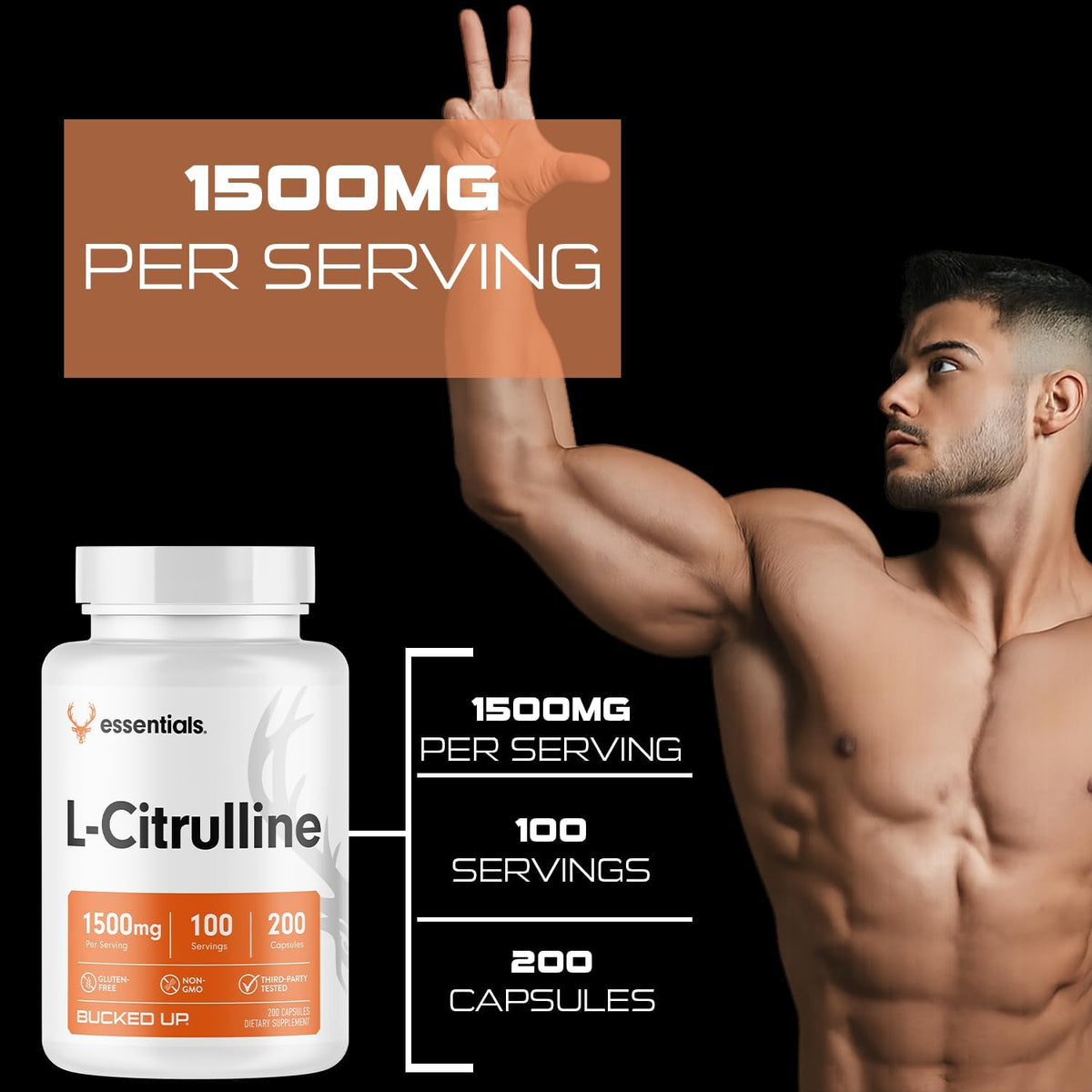 Bucked Up L-Citrulline 200 Capsules | 1500mg Per Serving | Gluten-Free | Non-GMO | Third-Party Tested | Premium Citrulline Supplement for Daily Use - 100 Servings (200 Capsules)