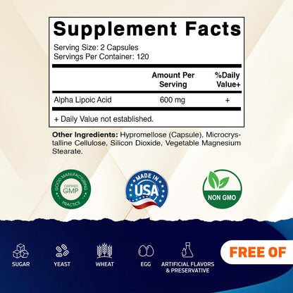 Vitamatic Alpha Lipoic Acid (ALA) 600mg Per Serving - 240 Vegetable Capsules - 120 Servings - Non-GMO & Gluten Free