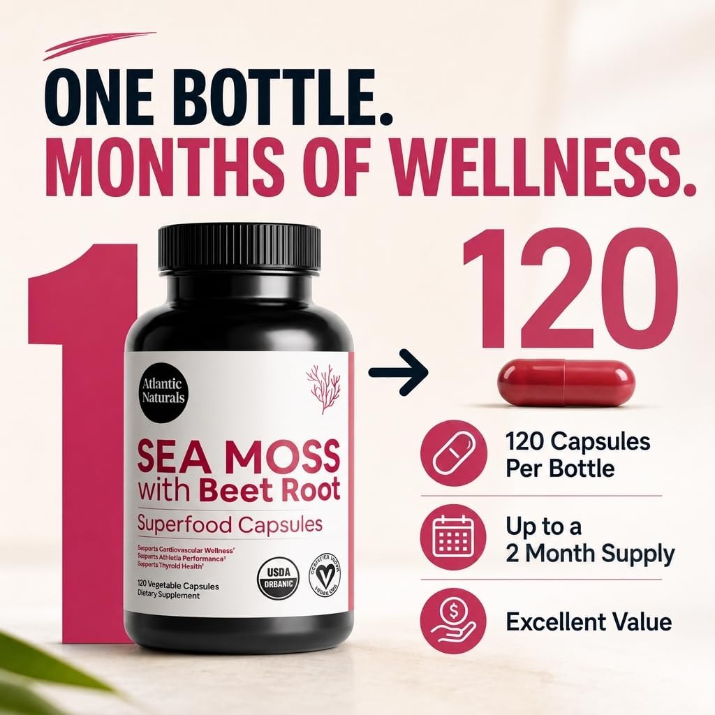 Atlantic Naturals Sea Moss with Beet Root Capsules - Premium Quality Multivitamin Supplement - Sea Moss Superfood to Support Immune Health, Blood Flow, Joint Health & Athletic Performance - 120 ct