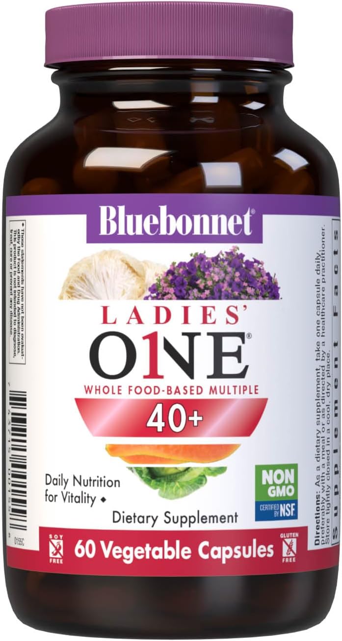Bluebonnet Nutrition Ladies’ ONE 40+ Whole Food-Bed Multiple, Women Multivitamin for Women 40+, Soy-Free, Non-GMO, Gluten Free, 60 Vegetable Capsules, 60 Servings