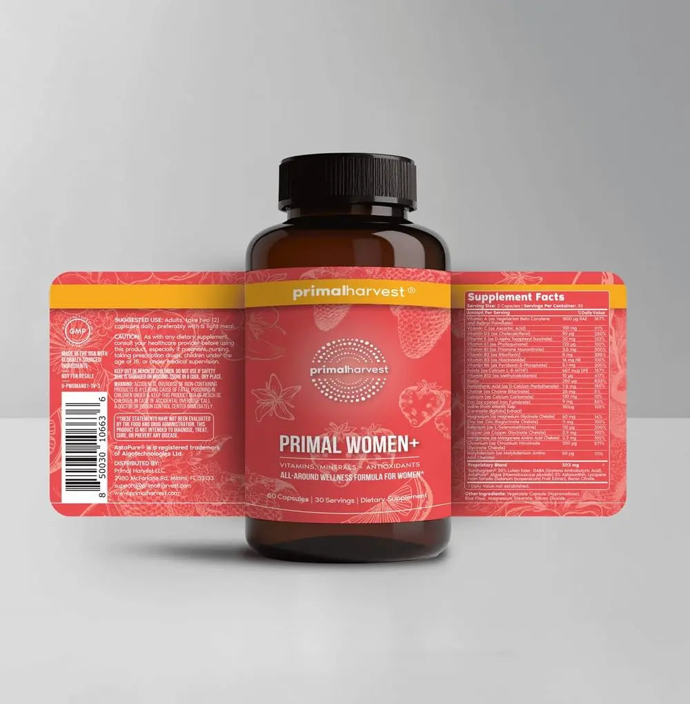 Primal Harvest Women+, Woman's Multivitamin Vitamin A, Vitamin C, Vitamin D and E, Vitamin B12, B6, Biotin, Zinc Supplements,1 Pack 60 Capsules Primal Harvest