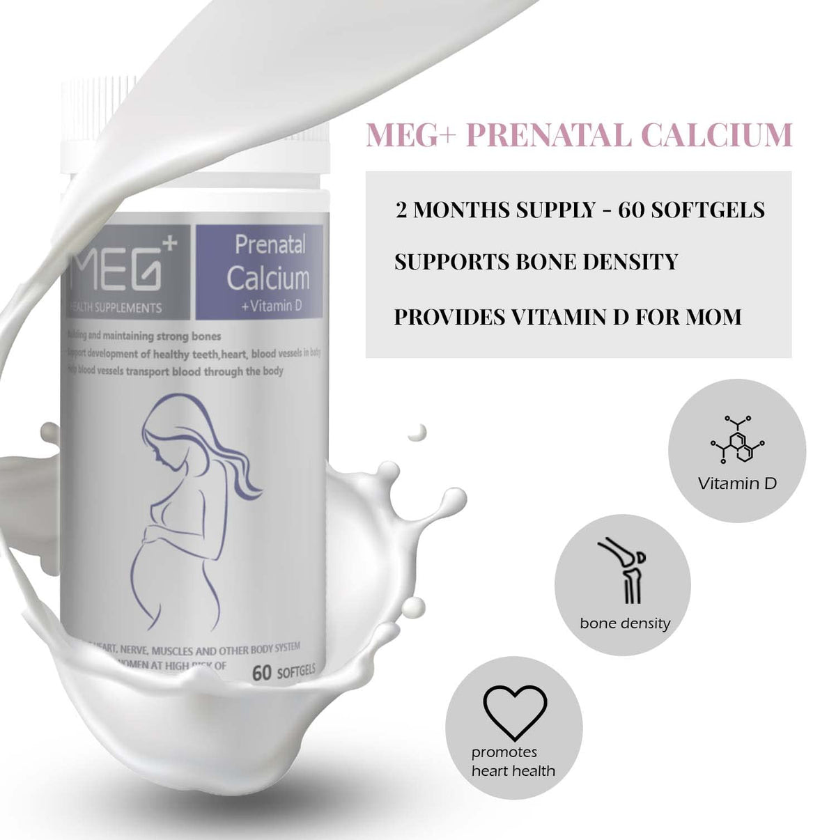 MEG+ Prenatal Supplement DHA Calcium Vitamin | 2-Month Supply 180 Counts |Omega-3 DHA Algal
