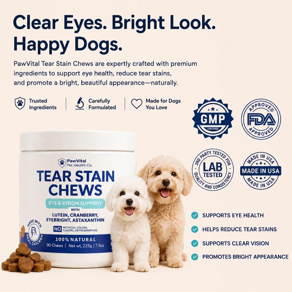 Tear Stain Chews for Dogs – Natural Tear Stain Remover & Eye Health Supplement with Cranberry, Lutein & Eyebright – Reduces Tear Stains, Supports Vision & Promotes Clear Eyes – 90 Soft Chews