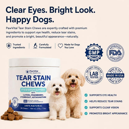 Tear Stain Chews for Dogs – Natural Tear Stain Remover & Eye Health Supplement with Cranberry, Lutein & Eyebright – Reduces Tear Stains, Supports Vision & Promotes Clear Eyes – 90 Soft Chews