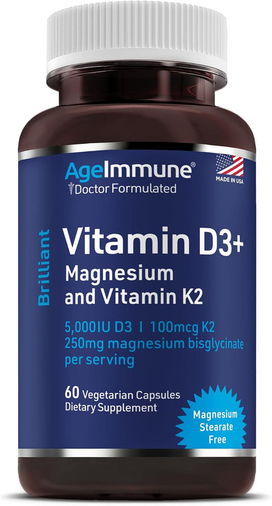 AgeImmune Brilliant D3+ Complex - 60 Capsules - 5000 IU Vitamin D3 + K2 + Magnesium Glycinate Supplement - Doctor Formulated for Immune & Bone Support - No Stearates, No Dioxides