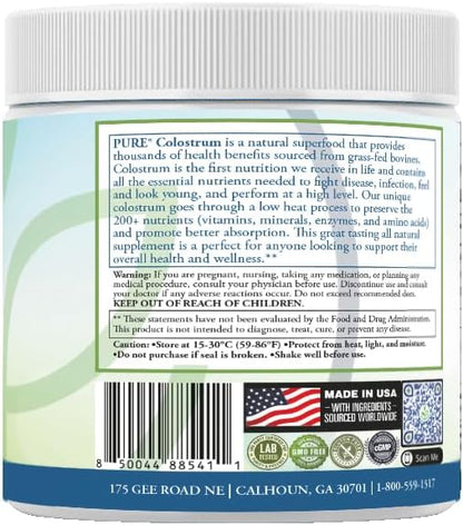 PURE® Grass-Fed Colostrum Powder - 90 Servings - 1000mg Bovine Colostrum per Scoop - Rich in Natural Bioactive Compounds & Growth Factors - Gut Health, Vitality & Wellness Support - Made in USA