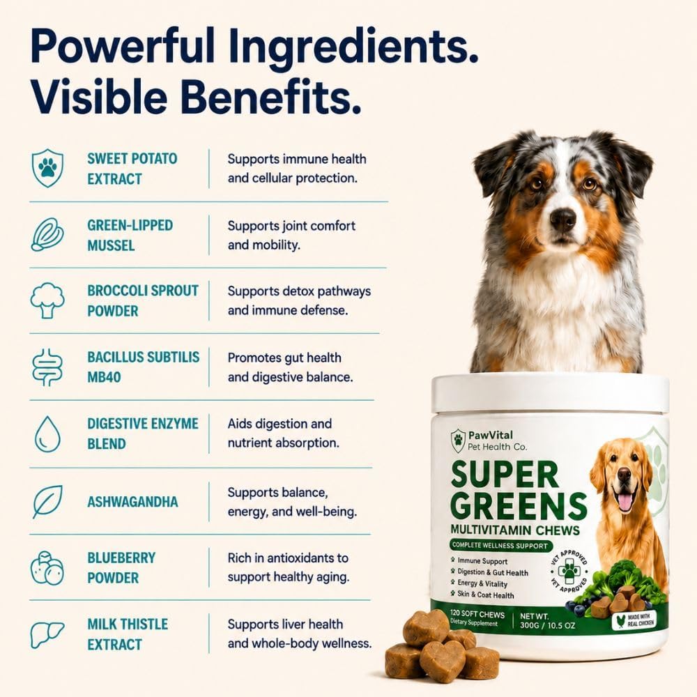 Super Greens Multivitamin Chews for Dogs – Dog Vitamins with Spirulina, Chlorella, Probiotics – Daily Dog Multivitamin for Immune Support, Gut Health, Skin & Coat – Beef Liver Flavor – 120 Soft Chews