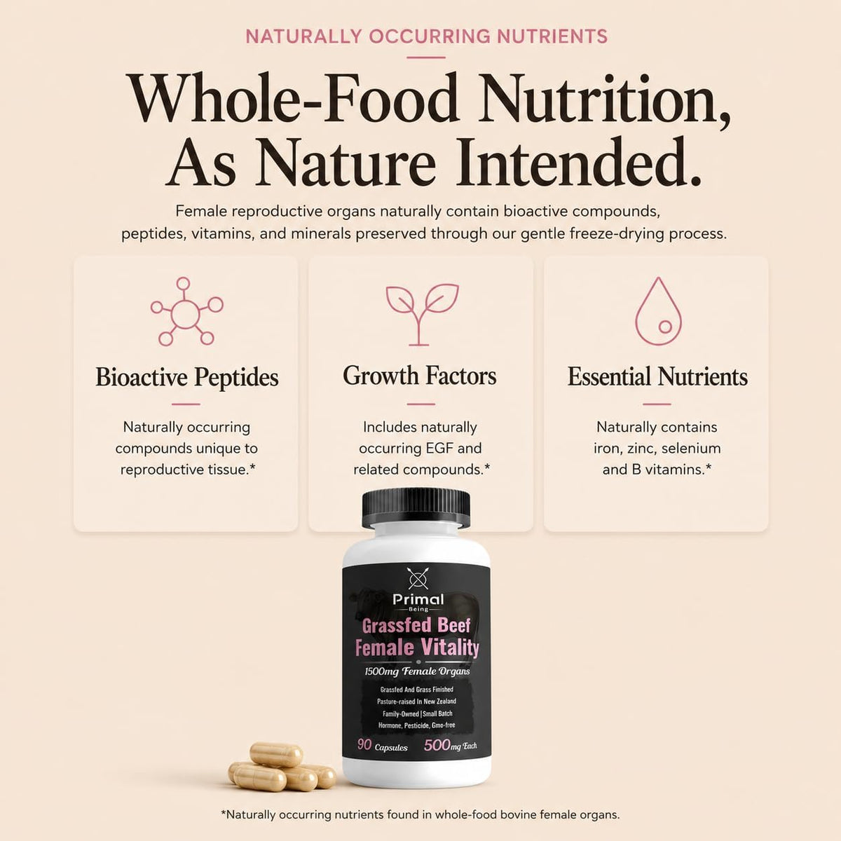 Primal Being Grassfed Beef Female Vitality Supplement- Supports Hormonal Health, Fertility, Inflammation, Energy - 90 Capsules, 1500mg per Serving