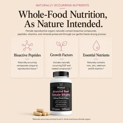 Primal Being Grassfed Beef Female Vitality Supplement- Supports Hormonal Health, Fertility, Inflammation, Energy - 90 Capsules, 1500mg per Serving