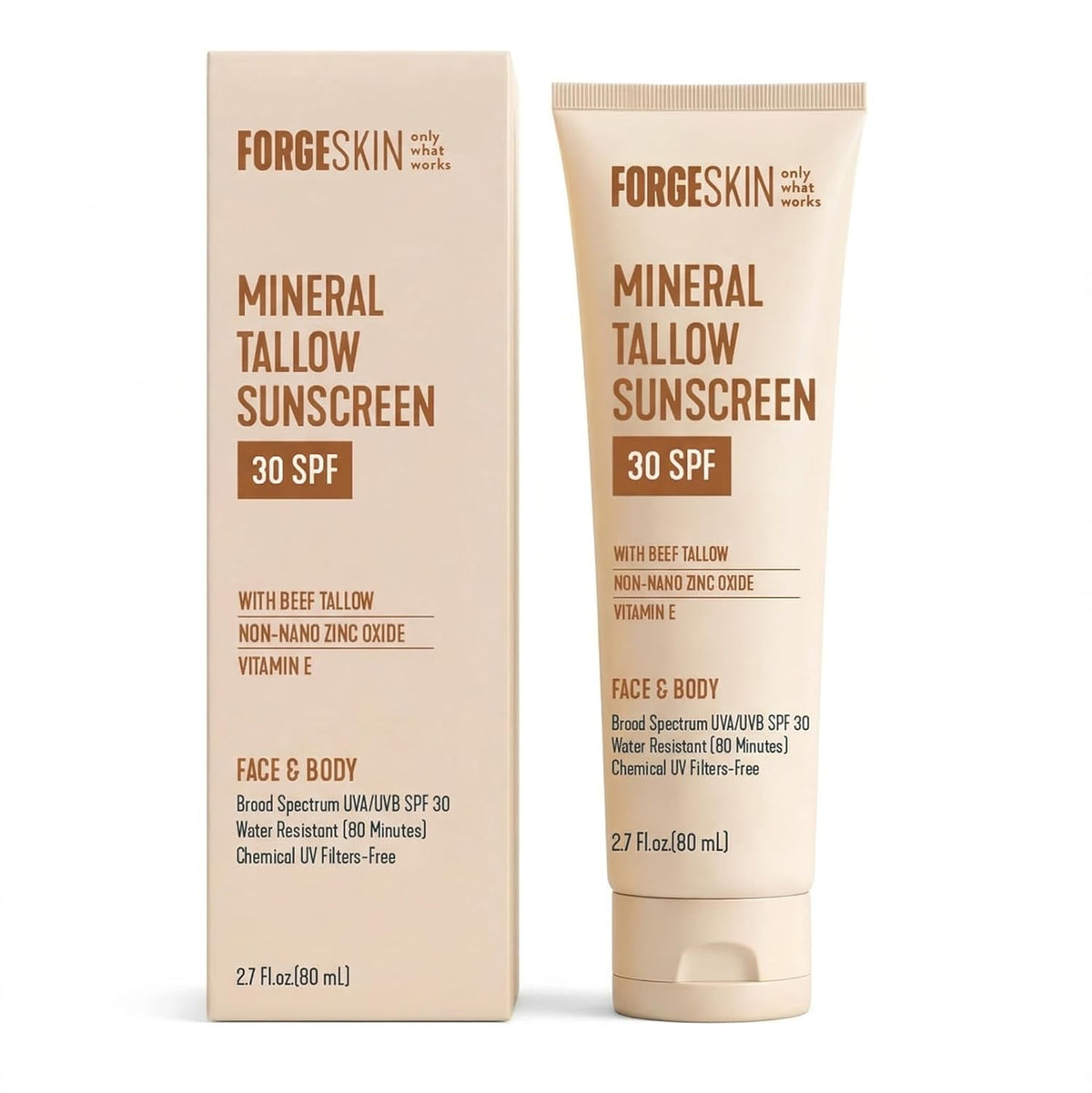 Forge Skin Mineral Sunscreen SPF 30, Non-Nano Zinc, Tallow-Based, 2.7 oz | Broad spectrum SPF 30, non-nano zinc oxide, grass-fed tallow base, no white cast, water resistant 80 min, oxybenzone-free