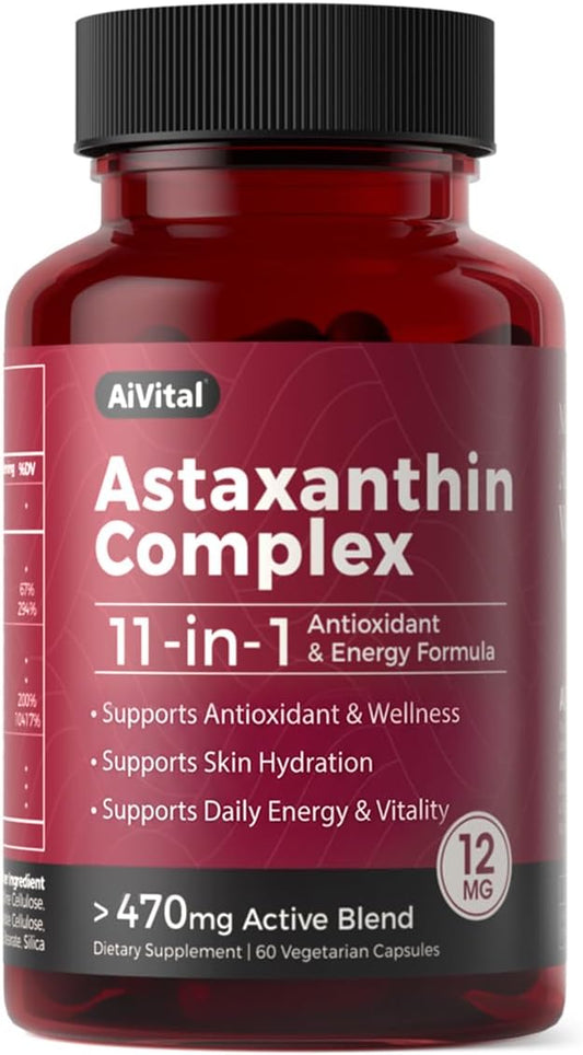 AiVital™ Astaxanthin 12mg, Natural Antioxidant Supplements from Microalgae | 11-in-1 Astaxanthin Complex for Energy, Skin & Eyes Support, Non-GMO, Gluten Free, 60 Capsules, 2-Month Supply