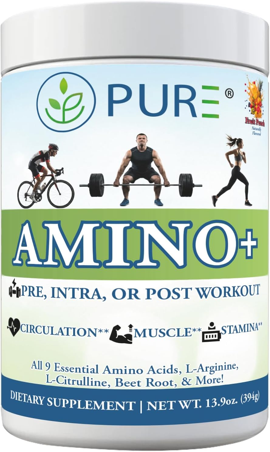 PURE® Amino+ Essential Amino Acids Powder - 30 Servings, 500g - Full Spectrum EAA with L-Arginine, L-Citrulline & Beet Root - Muscle Recovery & Hydration Drink - Fruit Punch Flavor, Made in USA