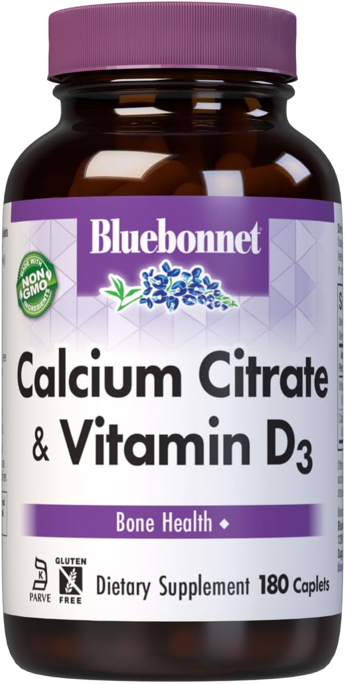 Bluebonnet Calcium Citrate with Vitamin D3 - Daily Bone Health & Strength Plus Immune Support* 1000mg Calcium Supplement for Women & Men - Non-GMO, Gluten-Free - 180 Caplets