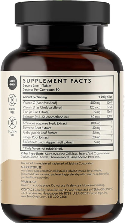 TERRA ORIGIN Immunity Support Supplement | Vitamin C, D3, Zinc, Selenium, Turmeric, Echinacea, Ginger & Andrographis with BioPerine | Daily Immune Booster & Antioxidant Blend | 30 Tablets