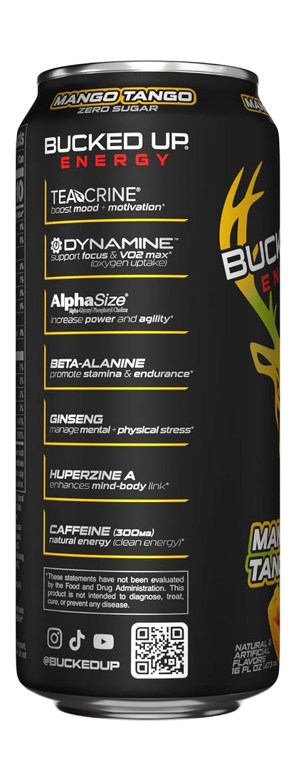 Bucked Up Energy Zero Sugar | 300mg Caffeine Energy Drink with AlphaSize TeaCrine Dynamine and Huperzine A | Zero Sugar Performance Beverage, 12 Pack, 16 fl oz Cans (Mango Tango)