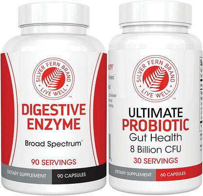 Silver Fern Gut Health Tune-Up Kit - Multi-Function Ultimate Probiotic | (1 Bottle - 60 Capsules) & Digestive Enzyme (1 Bottle = 90 Capsules) Helps Digestive Health, Mood, Reduce Cravings