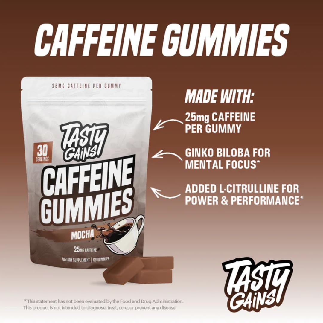TASTY GAINS Caffeine Pre Workout Gummies – Fast Acting Energy Gummies for Men & Women, 25mg Caffeine Per Gummy, Workout Focus & Endurance Support
