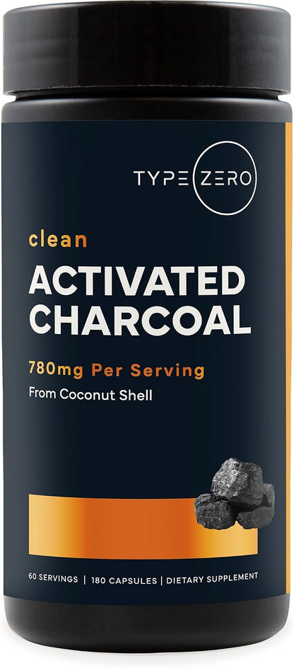 Type Zero Activated Charcoal (780mg) 180 Capsules, 60 Servings, Gluten-Free | From Coconut Shell, GMO-Free