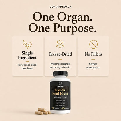 Primal Being Grassfed Beef Brain, Supports Memory, Mood, Focus, Energy, Cognitive Health - 90 Capsules, 1500mg per Serving
