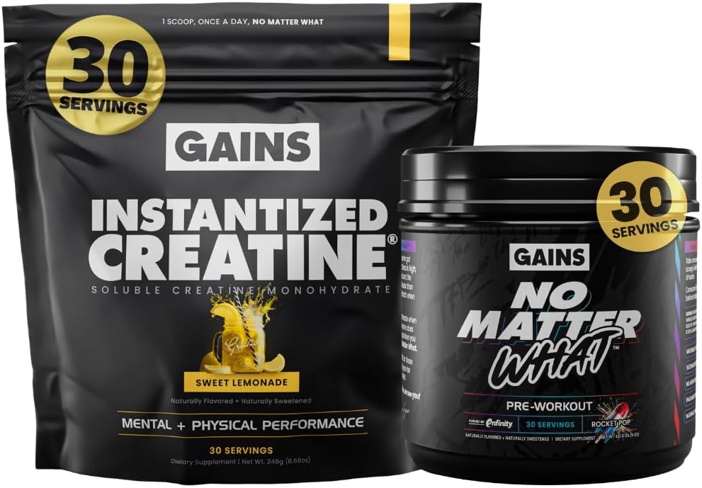 Gains in Bulk Instantized Creatine Sweet Lemonade & No Matter What Pre Workout Powder Bundle, Soluble Creatine Powder, Paraxanthine, Amino Acids & L Theanine, 130 Servings